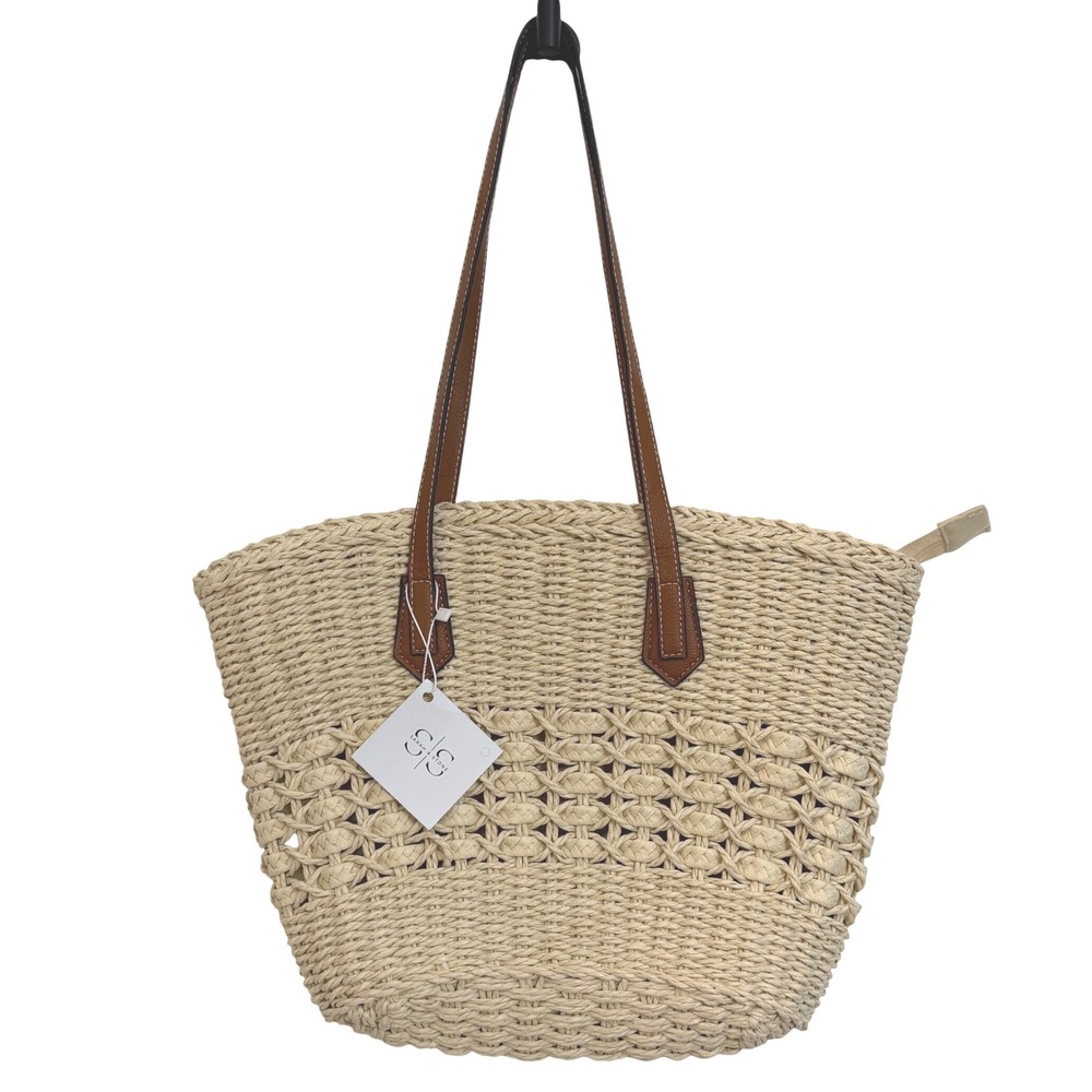 Sarah & Stone Woven Straw Beach Tote Bag Boho Shoulder Purse Leather Strap NWT